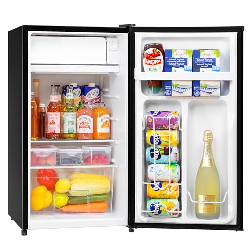 3.2 Cu. Ft Mini Fridge with Freezer for Bedroom, Dorm, Office, Compact Refrigerator with Adjustable Thermostat, Removable Glass Shelves and Reversible Door (Black)