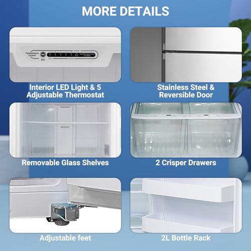 SMETA Stainless Steel Refrigerator, 18 Cu. Ft Garage Fridge with Top Freezer for Office, Home, Frost Free, Full Size with Led