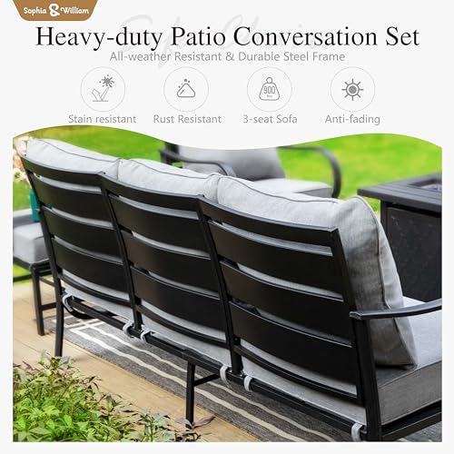 Sophia & William Patio Furniture Sets for 9 with 45" Gas Fire Pit Table Outdoor Conversation Sets 8 Pcs, 2xSofa Chairs, 2xSwivel Cushion Chairs, 1x3-Seat Sofa, 2xOttomans for Porch Poolside Grey