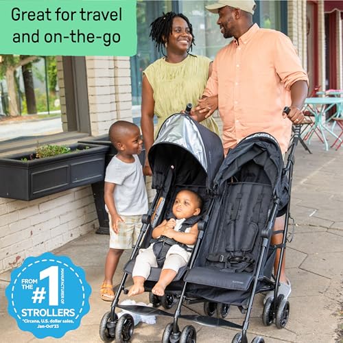 Summer Infant 3Dlite Folding Lightweight Side by Side Double Stroller with 5-Point Safety Harness for Infants and Toddlers, Black