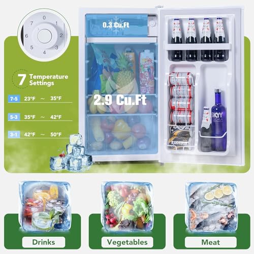 3.2 Cu.Ft Mini Fridge for Bedroom Office Dorm, Small Refrigerator with Freezer, Compact Fridge with Adjustable Thermostat, Low Noise, Energy Saving, White