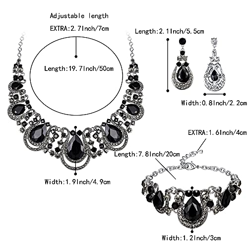 BriLove Women's Teardrop Crystal Statement Necklace Cluster Hollow Dangle Earrings Chain Bracelet Bib Jewellery Set for Wedding Bride Bridesmaid