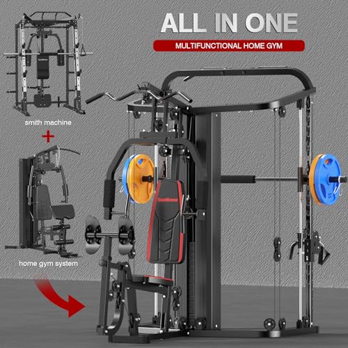 Multifunction Home Gym System Workout Station,Smith Machine with 138LB Weight Stack, Leg Press, LAT Station for Full Body Training (Home Gym Station)