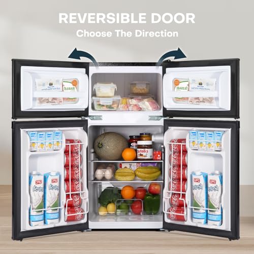 Upstreman 3.1 Cu.Ft Mini Fridge with Freezer, Double Door Mini Fridge, Adjustable Thermostat, Energy Saving, Mini Fridge for Office, Dorm,Bedroom, Stainless