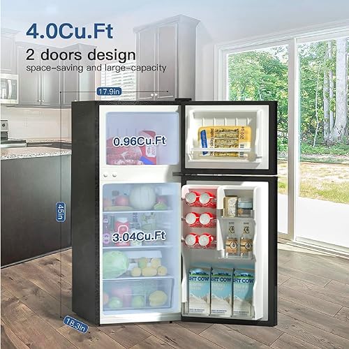BANGSON Small Refrigerator with Freezer, 4.0 Cu.Ft, Samll Fridge with Freezer, 5 Settings Temperature Adjustable, 2 Doors, Compact Refrigerator for Apartment Bedroom Dorm and Office, Silver