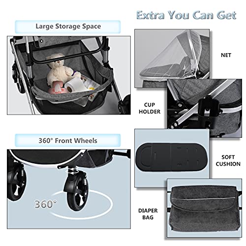 Kinder King 2 in 1 Convertible Baby Stroller, Folding High Landscape Infant Carriage, Newborn Reversible Bassinet Pram, Adjustable Canopy, Diaper Bag, Anti-Shock Toddler Pushchair Dark Grey