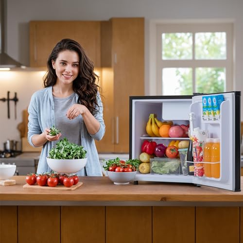 1.7 Cu.Ft Small Fridge for Bedroom Office, Small Refrigerator with Freezer, Auto Defrost, Low Noise, Energy Saving, Compact Refrigerator for Bedroom, Office, Dorm, Black