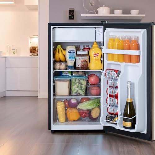 3.2 Cu.Ft Mini Fridge with Freezer, Mini Fridge for Bedroom Office Dorm, Small Refrigerator Fridge with Reversible Door, Low Noise, Energy Saving, Champagne