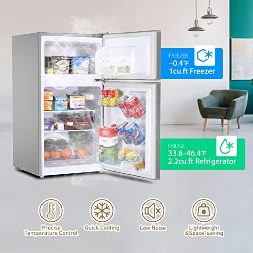Mini Fridge with Freezer, 3.0 Cu.Ft Mini Refrigerator with 2 Doors, Compact Small Refrigerator for Dorm, Bedroom, Office, Energy Saving, 37 dB Low Noise, Silver