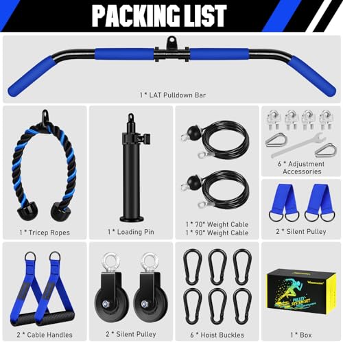 Fitness LAT and Lift Pulley System Gym - Upgraded LAT Pull Down Cable Machine Attachments, Loading Pin, Handle and Tricep Rope, for Biceps Curl, Forearm, Triceps Exercise Gym Equipment