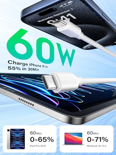 USB C to USB C Cable 60W(2-Pack 4.9ft 3A), Fast Charging Cable for iPhone 15/15 Pro/15 Plus/15 Pro Max, iPad Pro 2022, MacBook Air/Pro, for Samsung Galaxy S24/S23/S22, Switch, White