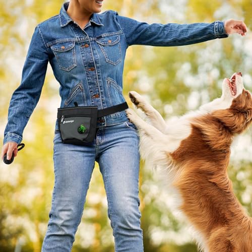 Dog Treat Pouch and Training Clicker, Upgrade Two Magnetic Closure to Prevent Spills, 2 Cup Treat Bag with Poop Bag Dispenser, Metal Clip Waist Belt Fanny Pack for Pet Walking (Black/Gray)