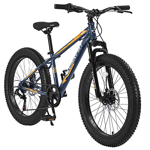GOWE S24109 Elecony 24 Inch Fat Tire Bike Adult/Youth Full 7 Speeds Mountain Bike, Dual Disc Brake, High-Carbon Steel Frame, Front Suspension, Mountain Trail Bike, Urban Commuter City Bicycle