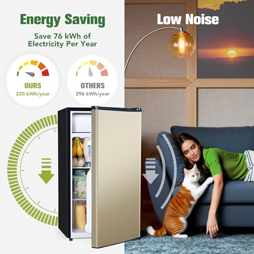 3.2 Cu.Ft Mini Fridge with Freezer, Mini Fridge for Bedroom Office Dorm, Small Refrigerator Fridge with Reversible Door, Low Noise, Energy Saving, Champagne