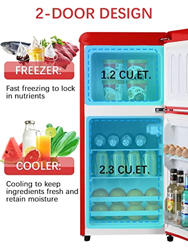 KRIB BLING 3.5Cu.Ft Compact Refrigerator with 7 Level Thermostat, Mini Fridge with Freezer, 2 Door Portable Fridge with Removable Glass Shelves, Suitable for Kitchen, Apartment, Dorm, Bar Red