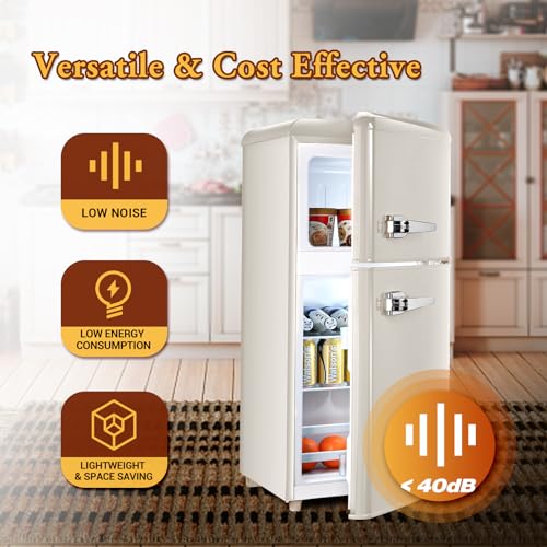Retro Mini Refrigerator with Freezer 2-Door Retro Compact Fridge with Freezer 3.0Cu. Ft. Fridge for Office with Adjustable Thermostat&Shelves&Egg Tray,Mini Fridge with Freezer for Bedroom,Dorm(Cream)
