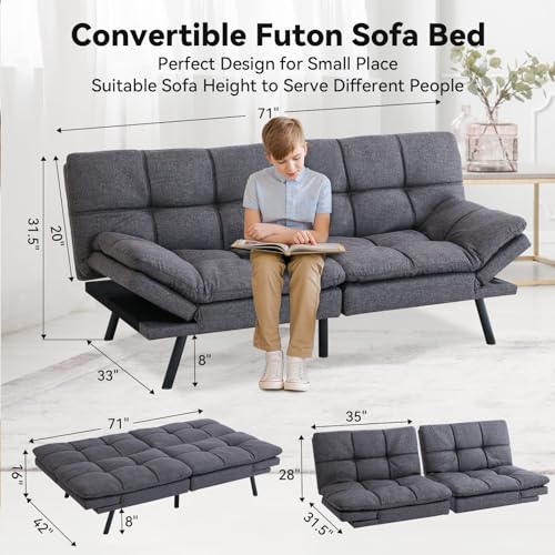 Futon Couch, Convertible Futon Sofa Bed, Memory Foam 70" Futon Sofa, Adjustable Sleeper Sofa, Modern Loveseat Sofa Bed for Compact Space,Living Room, Office, Apartment, Grey, Updated Quality