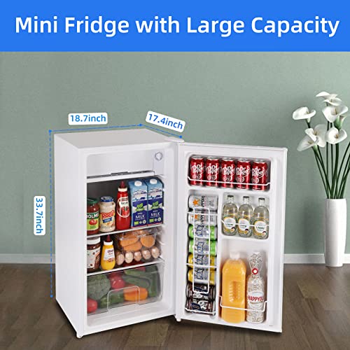 BANGSON Mini Fridge with Freezer, 3.2Cu.Ft, Reversible Door Mini Fridge, 5 Adjustable Temperatures, 38dB Low Noise, Small Refrigerator for Bedroom, Office, and Dorm, White…