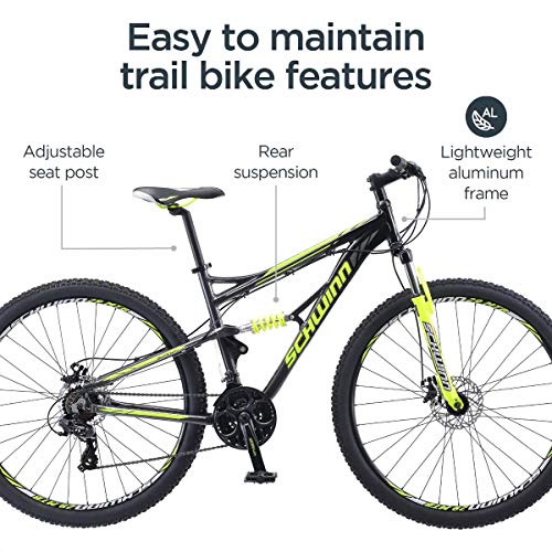 Schwinn Traxion Mens and Womens Mountain Bike, 29-Inch Wheels, 24-Speed Shifters, Full Suspension, Mechanical Disc Brakes, Blue/Grey