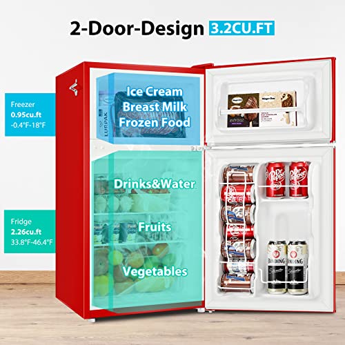 BANGSON Mini Fridge with Freezer, 3.2 CU.FT Small Refrigerator with Freezer, Door Handle, Bottle Opener, For Bedroom, Dorm, Office, Home, Garage or RV, (Red)