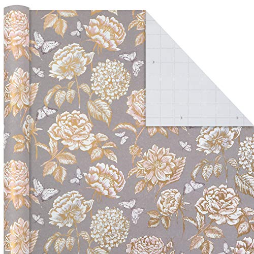 Hallmark Premium Wrapping Paper with Cut Lines on Reverse - Gold Hearts, Rose Flowers, White Stripes (3-Pack: 85 sq. ft. ttl) for Birthdays, Weddings, Mother's Day, Valentine's Day, Bridal Showers
