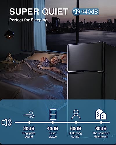 3.5Cu.Ft Compact Refrigerator, Small Refrigerator with freezer, Retro Fridge with Dual Door, 7 Level Adjustable Thermostat for Garage, Dorm,Bedroom, Office, Apartment-Black