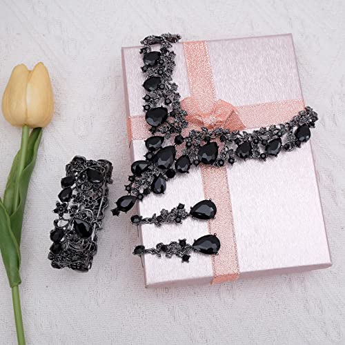 CSY Elegant Crystal Costume Jewelry Sets Flower Bridal Necklace Earrings Stretch Bangle Set for Bride Bridesmaid Wedding Dress Accessories
