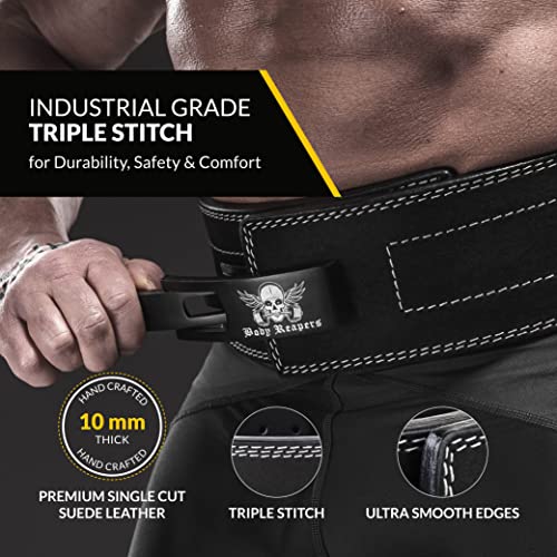 Body Reapers Weight Lifting Belt for Men & Women, Heavy Duty Lever Belt Weightlifting Belt Made of Calfskin Leather 10mm Thick, 4 Inch Wide - Powerlifting Belt for Back Support, Gym & Fitness Training