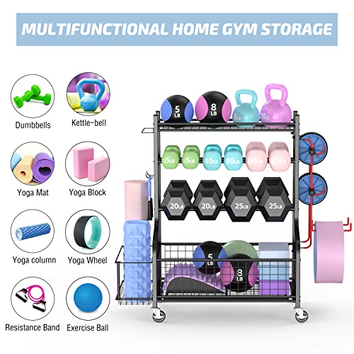 PLKOW Dumbbell Rack, Weight Rack for Dumbbells, Home Gym Storage for Dumbbells Kettlebells Yoga Mat and Balls, All in One Workout Storage with Wheels and Hooks, Powder Coated Finish Steel