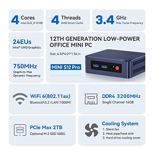 Beelink Mini S12 Pro Mini PC, 12th Intel Alder Lake-N100 (up to 3.4GHz, TDP 6W), 16GB DDR4 RAM 500GB PCIEx1 SSD, Mini Computer Support 4K@60Hz Dual Display/WiFi 6/BT 5.2/USB 3.2/HTPC/Family-NAS