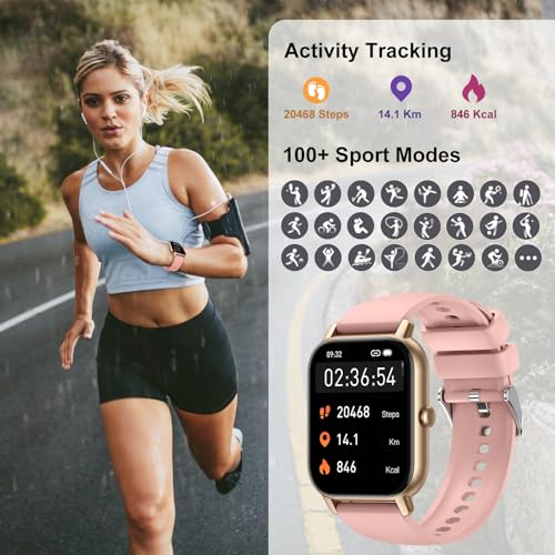 Smart Watch(Answer/Make Call), 1.85" Smart Watches for Men Women IP68 Waterproof, 110+ Sport Modes, Fitness Activity Tracker, Heart Rate Sleep Monitor, Pedometer, Smartwatch for Android iOS, Pink Gold