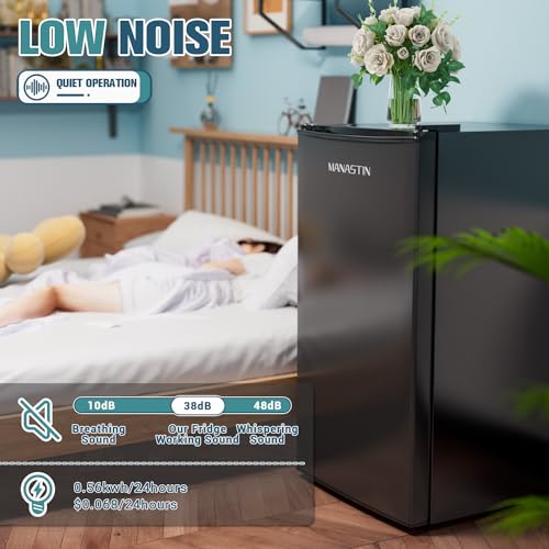 3.2 Cu. Ft Mini Fridge with Freezer for Bedroom, Dorm, Office, Compact Refrigerator with Adjustable Thermostat, Removable Glass Shelves and Reversible Door (Black)