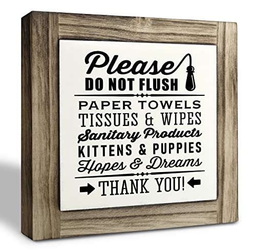 Funny Restroom Wood Plaque Sign, Do Not Flush Paper Towels Kittens, Box Wood Plaques Desk Décor 5.9×5.9×0.7inch, Bathroom Décor Sign, Humorous Bathroom Notice Plaques, Restroom Shelf Art Décor