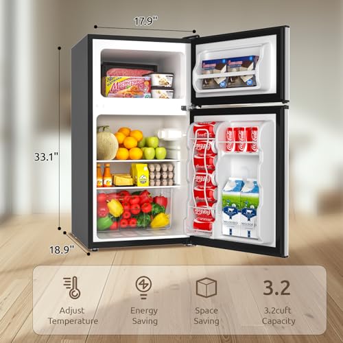 BANGSON Mini Fridge with Freezer, 3.2 Cu.Ft Compact Refrigerator, 5 Settings Temperature Adjustable, Low Noise Refrigerator, 2 Door Mini Fridge for Apartment, Home, Office and Dorm, Silver