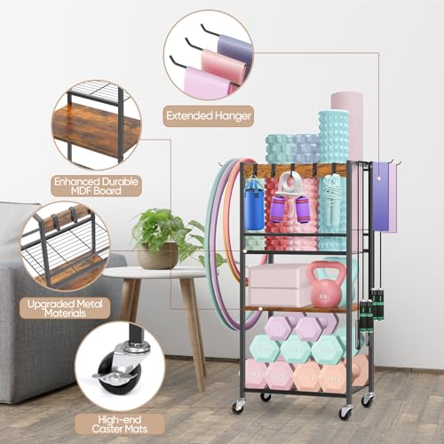HEOMU Yoga Mat Storage Rack, Home Gym Storage Rack for Dumbbells Kettlebells, Gym Organizer Gym Equipment Storage Cart with Wheels and Hooks, Black