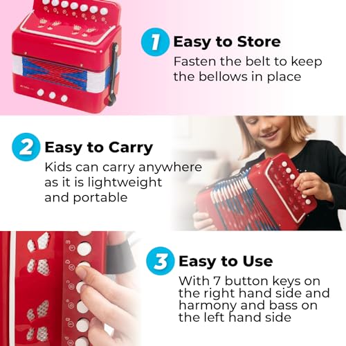 Kids Toy Accordion with 7 Vocal Keys. Portable Mini Musical Instrument with Easy to Carry Back Strap included. Ideal for Kids 3+ Red