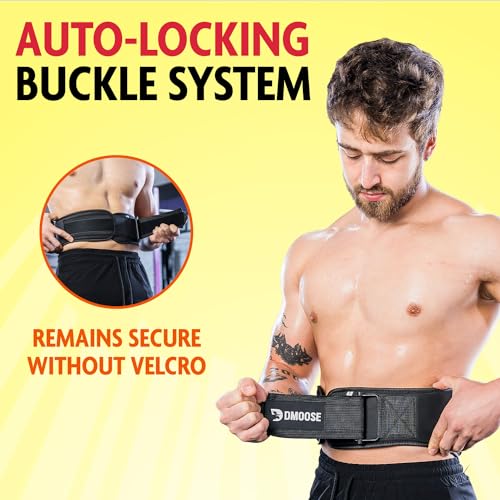 DMoose Fitness Weight Lifting Belt, Comfortable Lumbar & Back Support, Auto Locking Weight Belt to Keep Body in Proper Shape, 6 Inch Gym Belt for Squats, Deadlift, Cross Training for Men & Women