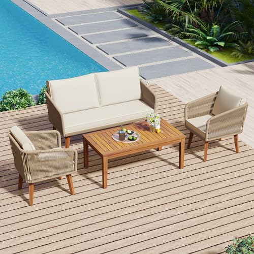 Merax 4-Piece Patio Furniture, Outdoor PE Rattan Conversation Sets 1 Loveseat, 2 Chairs and Acacia Wood Coffee Table for Backyard, Deck, Poolside, Garden, Beige Cushion + Natural Rope