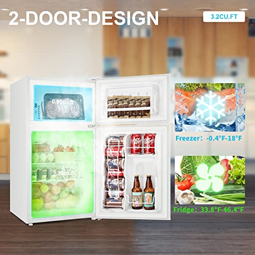 BANGSON Mini Fridge with Freezer and 2 Door Small Refrigerator Combo, 3.2 CU.FT, For Home, Office, Dorm, Garage or RV, (White)