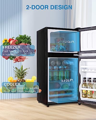 3.5Cu.Ft Compact Refrigerator, Small Refrigerator with freezer, Retro Fridge with Dual Door, 7 Level Adjustable Thermostat for Garage, Dorm,Bedroom, Office, Apartment-Black