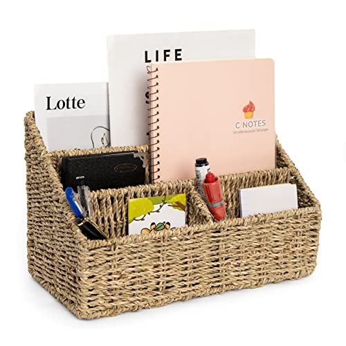 KOLWOVEN Magazine Display Holder- Mail Organizer Countertop- Mail Holder Countertop - Mail Bill Sorter Organizer For Desk And Home - File Organizer For Desk- Boho Rack Storage Organizer (Sea grass)