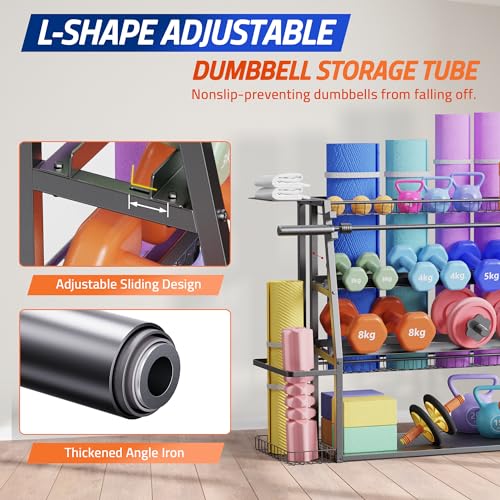 Yes4All Weight Rack for Home Gym 440lbs Capacity, Home Gym Storage Rack for Dumbbells, Yoga Mat, and Balls Holder - All in One Workout Equipment Storage Organizer with Hooks This Is Living