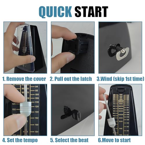 GLEAM Metronome - Mechanical Spring Power with Free Bag for Piano Guitar Violin Drums and Other Instruments Loud Sound Black