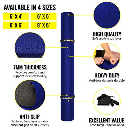 ActiveGear Large Exercise Mat 8 x 6 ft 7mm Thick Premium Ultra-Durable Non-Slip Rubber Workout Mat for Home Gym Flooring | Ideal for Cardio, Fitness, Plyo | Bonus Jump Rope and Storage Bag Included