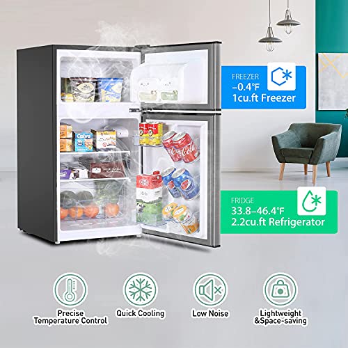 Mini Fridge with Freezer, 3.2 Cu.Ft Mini Refrigerator with 2 Doors, Compact Small Refrigerator for Dorm, Bedroom, Office, Energy Saving, 37 dB Low Noise, Stainless Steel