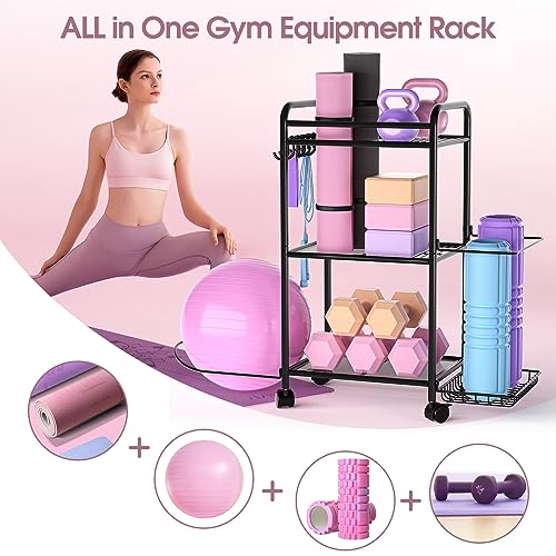 Home Gym storage Rack - Gym Equipment Storage Rack for Yoga Mat Yoga Ball Dumbbells Kettlebells Foam Roller Yoga Strap and Resistance Bands Workout Equipment Organizer