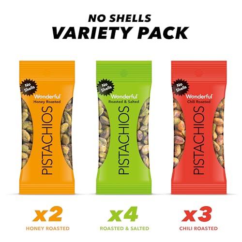 Wonderful Pistachios No Shells, 3 Flavors Mixed Variety Pack of 9 (0.75 Ounce), Roasted & Salted Nuts (4), Chili Roasted (3), Honey Roasted (2), Protein Snack, On-the Go Snack