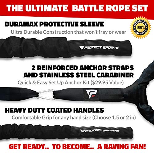 Pro Battle Ropes with Anchor Strap Kit and Exercise Poster – Upgraded Durable Protective Sleeve – 100% Poly Dacron Heavy Battle Rope for Strength Training, Cardio, CrossFit, Exercise Rope
