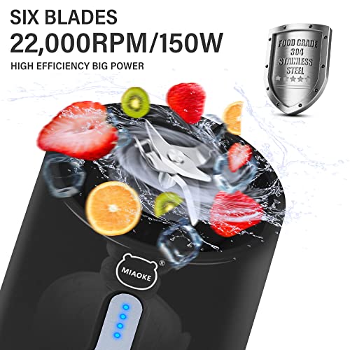 Personal Juicer, Miaoke Portable Blender 17 Oz 6 Leaves High-Speed 304 Stainless Steel Blade 22000 R/Min 4000Ah Type-C Rechargeable 4-Grade power prompt With Portable Removable Cup Lid/Black