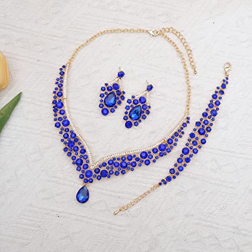 Women's Statement Necklace Earrings Link Bracelet Set for Bride Austrian Crystal Wedding Bridal Costume Jewelry Sets